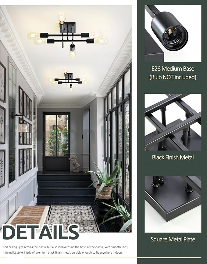 6-Light Semi Flush Mount Ceiling Light Fixture, Industrial Black Close to Ceiling Lighting, Modern E26 Base Sputnik Chandelier Ceiling Lamp for Kitchen Bedroom Living Room Hallway, 2 Pack