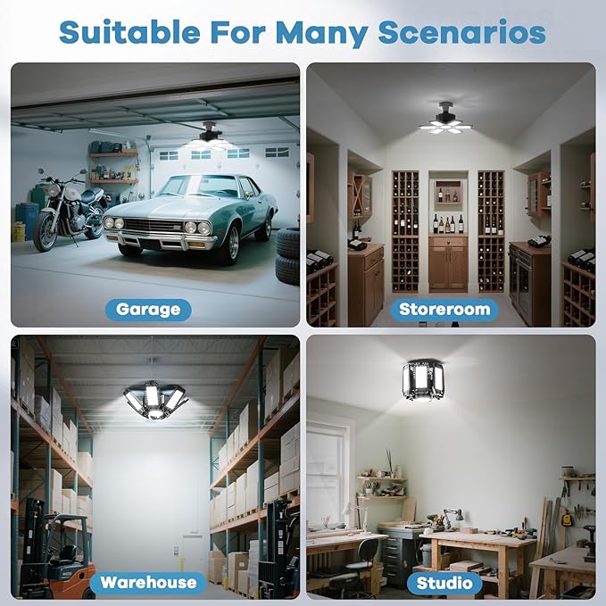 Garage Light - 180W 18000 LM 6500K Deformable Garage Lights Ceiling LED with 6+1 Adjustable Panels, Shop Lights E26/E27 Screw Socket for workshops, Parking, Basement, Storage Room