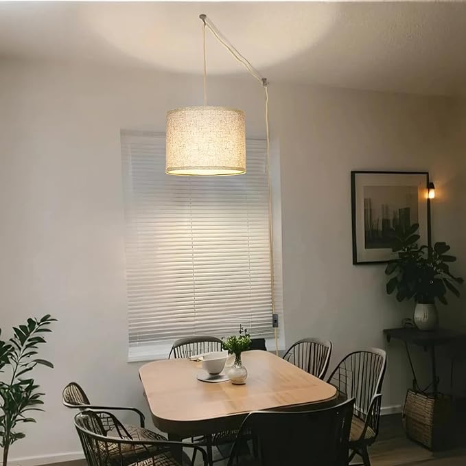 Qingmiao Boho Plug in Pendant Light, Hanging Lamp Plug in with Fabric Linen Shade, 3-Way Dimmable Hanging Light Fixture for Living Room Bedroom Kitchen Ceiling Farmhouse Home Decor