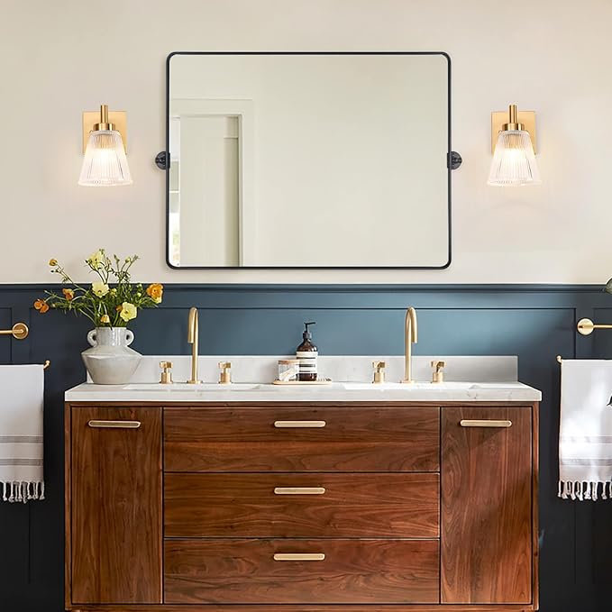 OCIOC Gold Hardwired Wall Sconces Set of Two, Modern Glass Wall Lights for Bathroom, Wall Mounted Light for Bedroom, Living Room, Hallway, Cabinet Porch