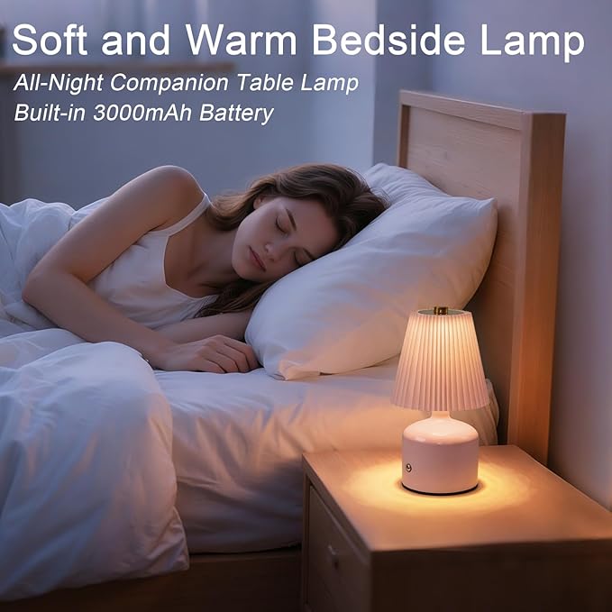 Small Cordless Table Lamp, Touch Lamps for Nightstand 3 Color Stepless Dimming, Metal Base Pleated Rechargeable Lamp for Bedside, Bedroom, Dining Room, Living Room (Pink)