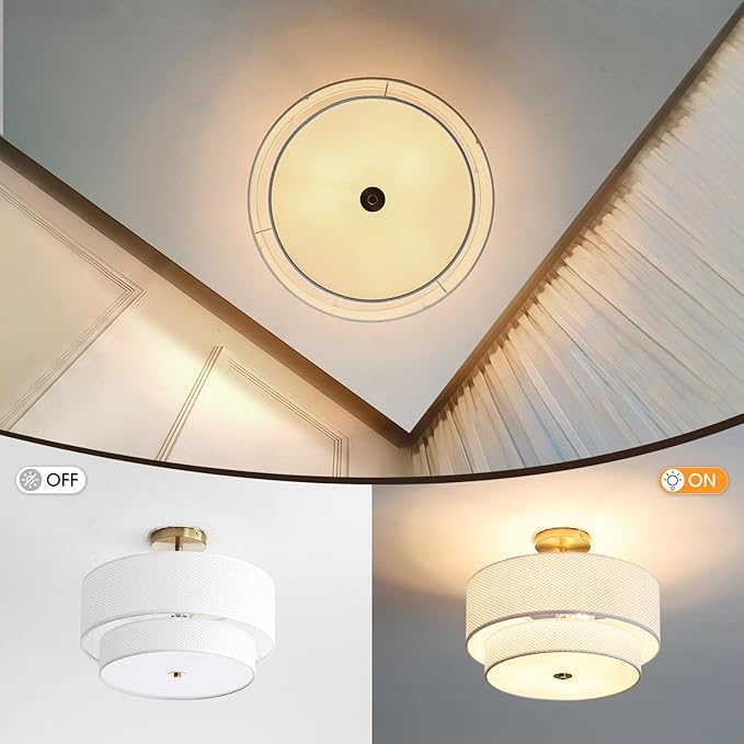 Fabric Semi Flush Mount Lighting Fixture, Modern Semi Chandeliers, 2 Tier Drum Ceiling Light, White Fabric Shade 3-Light for Kitchen Island Bedroom Hallway Foyer, E26, W16xH14
