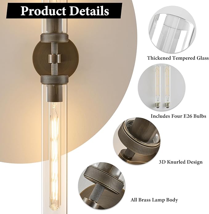 Knurled Brass Bathroom Wall Sconce - Set of 2 Luxury Brushed Antique Gold Sconces - Modern Linear Tube Vanity Lights Fixture with Clear Glass - Dimmable Indoor Lighting for Bedroom Living Room Decor