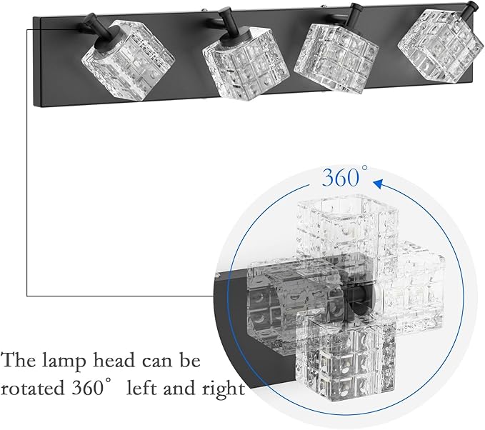 Ralbay Crystal Vanity Lights - 4 LED Modern Matte Black Bathroom Vanity Lights Over Mirror