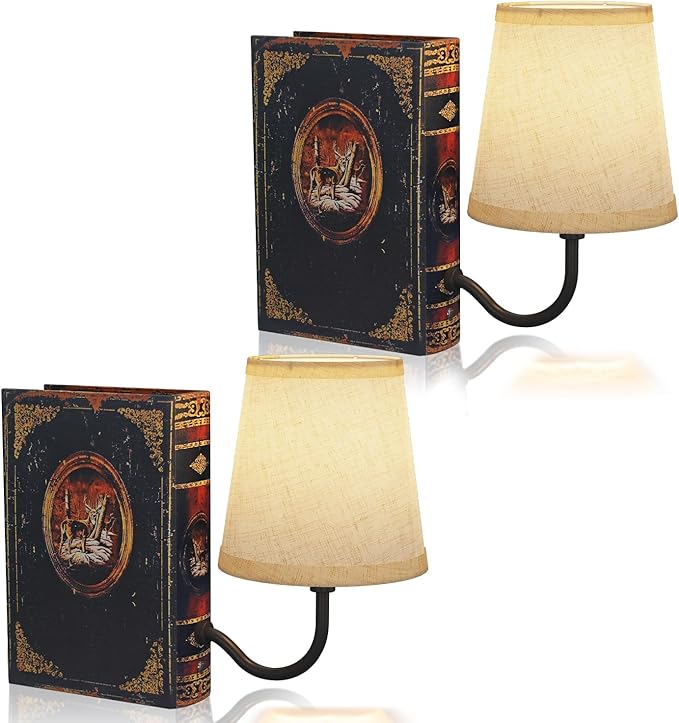 Vintage Bookshelf Lamp Rechargeable Set of Two, Cordless Book Lamp with Linen Shade, Dimmable Touch Control Table Lamp, Modern Decorative Bookend, Bookshelf Lights for Office Home