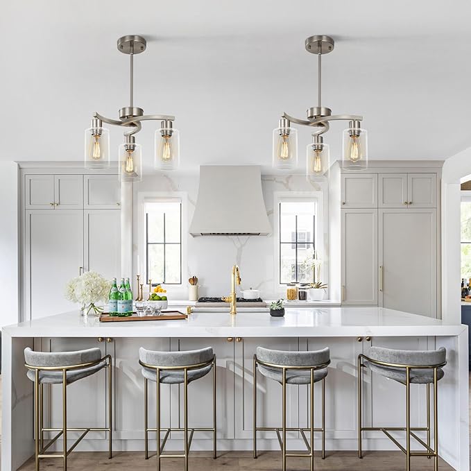 3 Light Brushed Nickel Modern Pendant Light, 16.5" Kitchen Island Lighting with Clear Glass Shade, Adjustable Dining Room Chandelier Over Table, Farmhouse Industrial Hanging Fixture