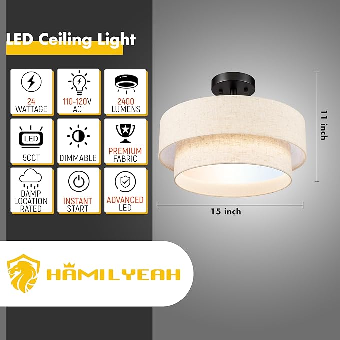 Hamilyeah Semi Flush Mount Ceiling Light Fixture 15 inch, 24W LED Ceiling Light with Double Layer Fabric Shade, Dimmable Drum Light Fixtures Ceiling Semi Flush Mount 5CCT for Kitchen, Living Room