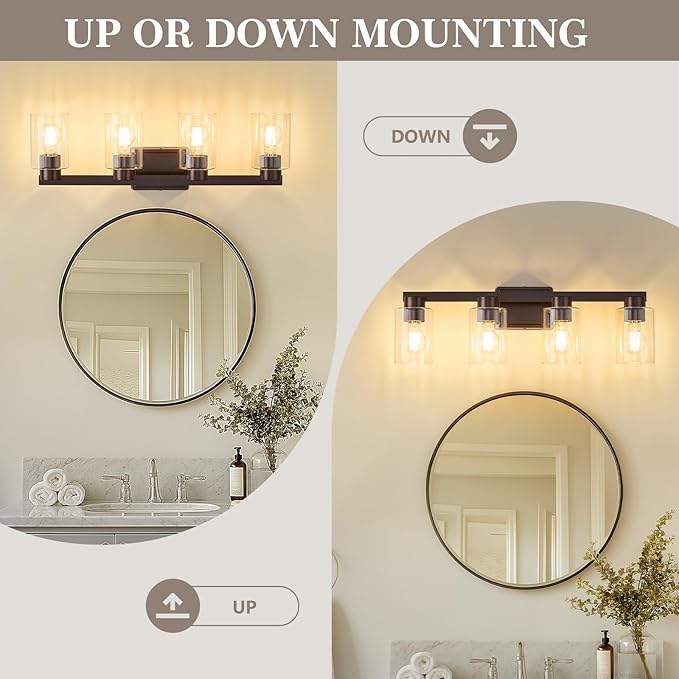 4-Light Bathroom Light Fixtures Modern Oil Rubbed Bronze Vanity Lights with Clear Glass Shade 26 Inch Wall Sconces Over Mirror for Bathroom,Powder Room, Living Room