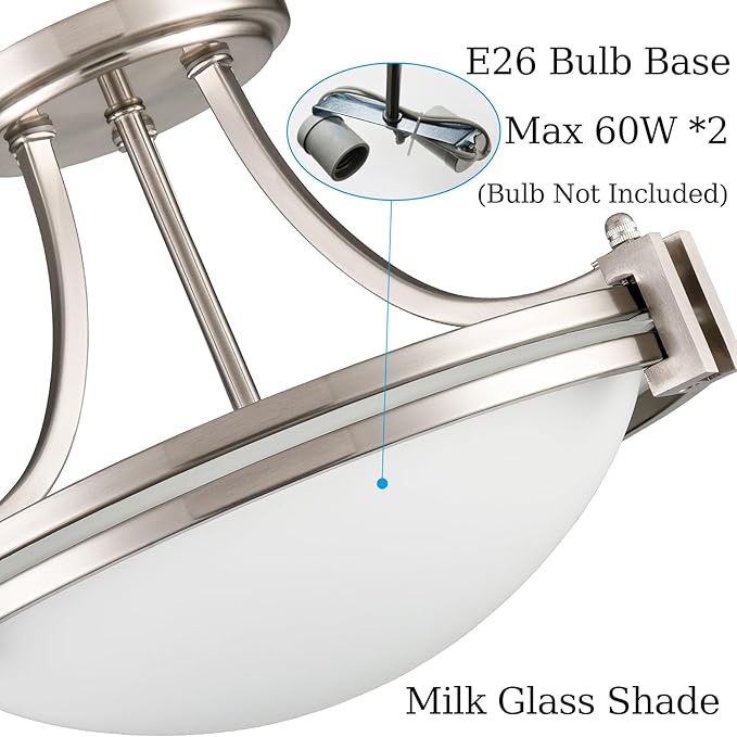 Brushed Nickel Semi Flush Mount Ceiling Light 12-Inch 2-Light Modern Milk Glass Light Fixture Flush Mount for Bedroom Hallway Staircase