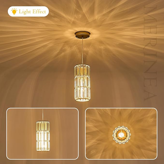 Gold Crystal Pendant Light for Kitchen Island, Mini Hanging Light Fixture with K9 Prism Crystals, 1-Light Modern Ceiling Pendant in Brass Finish for Dining Room, Bedroom, Bathroom, Bar E26