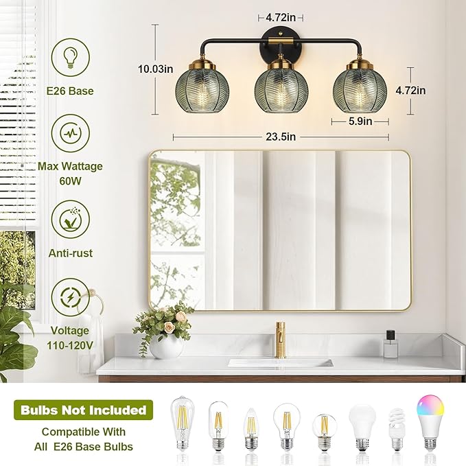 MOKATNG Bathroom Light Fixtures, 3-Light Green Vanity Lights with Unique Leaf Texture Glass Shade, Modern Matte Black and Gold Bathroom Wall Lamp for Mirror Hallway Cabinet Living Room