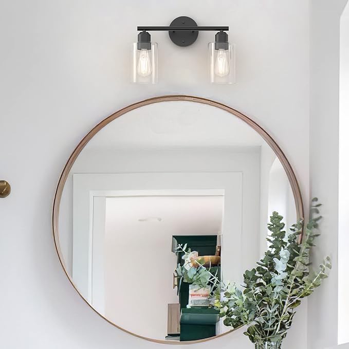 Espird Bathroom Vanity Light Black 2 Light Rustic Bathroom Vanity Lights Over Mirror, UL Listed Modern Industrial Wall Sconces Lamp with Cylinder Glass Shade, Light Fixture for Bathroom E26 Socket