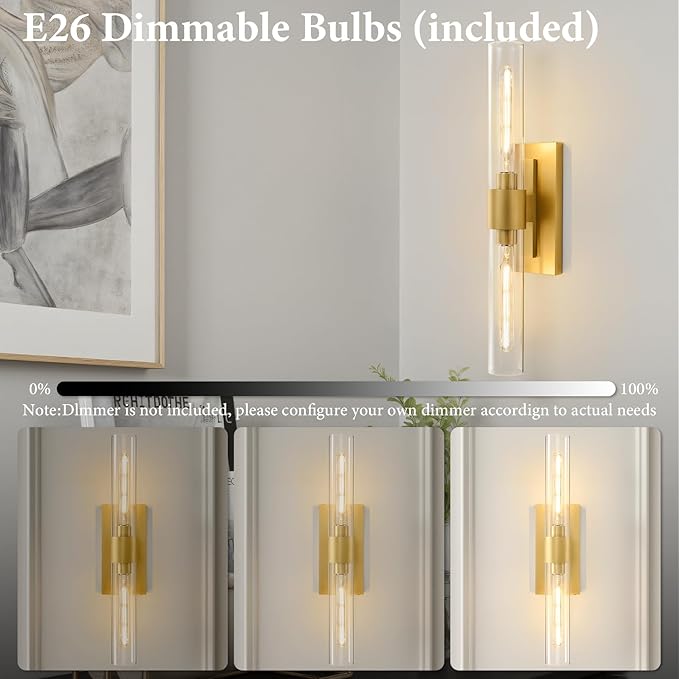 Champagne Brass Bathroom Wall Sconce - Modern Gold Light Sconces - Dimmable Lighting Fixtures - Vertical or Horizontal Mounted Clear Glass Tube Vanity Lights for Indoor Living Room Hallway