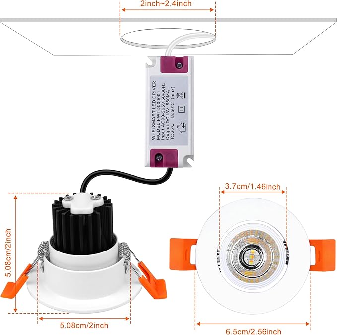 LEDLightsWorld Smart Recessed Lighting 2 Inch RGBCW Color Changing Downlight, 110V 5W, CRI 80, Wi-Fi LED Recessed Ceiling Light with Driver, Compatible with Alexa/Google Assistant, 10 Pack