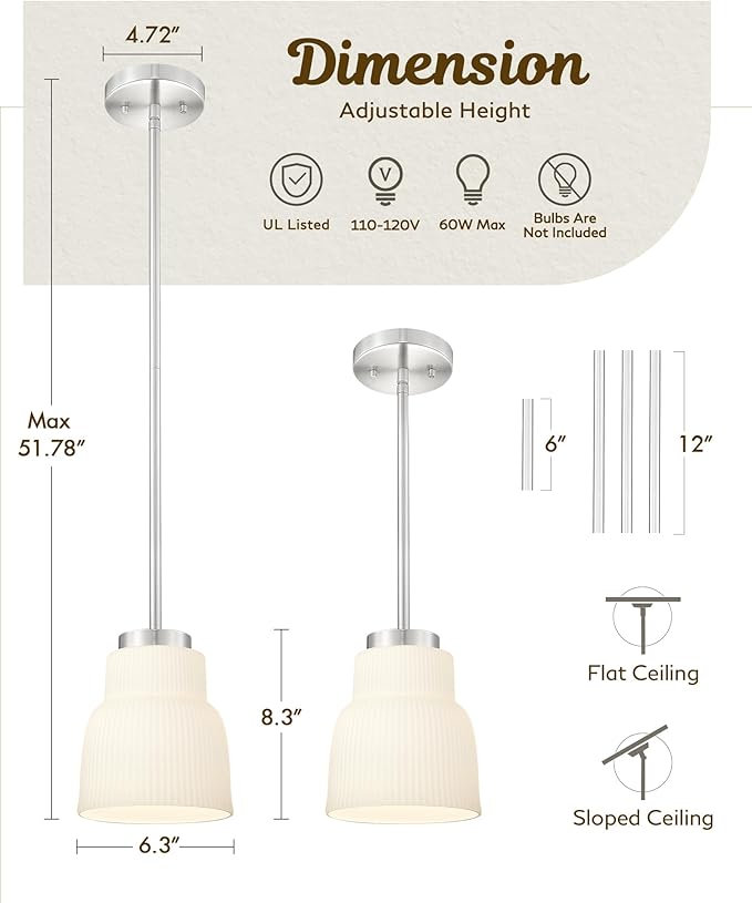 FEMILA 6.7" Milk Glass Pendant Lights Kitchen Island, Brushed Nickel Antique Chandelier, Hanging Light Fixture for Bedroom Hotel Living Room, 4FYD87MIL BN