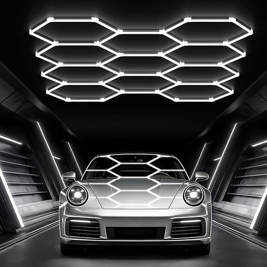 Glitgate Hexagon Garage Lights, 11 Grid System, 322W 35420LM LED Shop Light, 6500K Daylight White Ceiling LED, Flush Mount Hexagon Lighting for Gym Barbershop Workshop