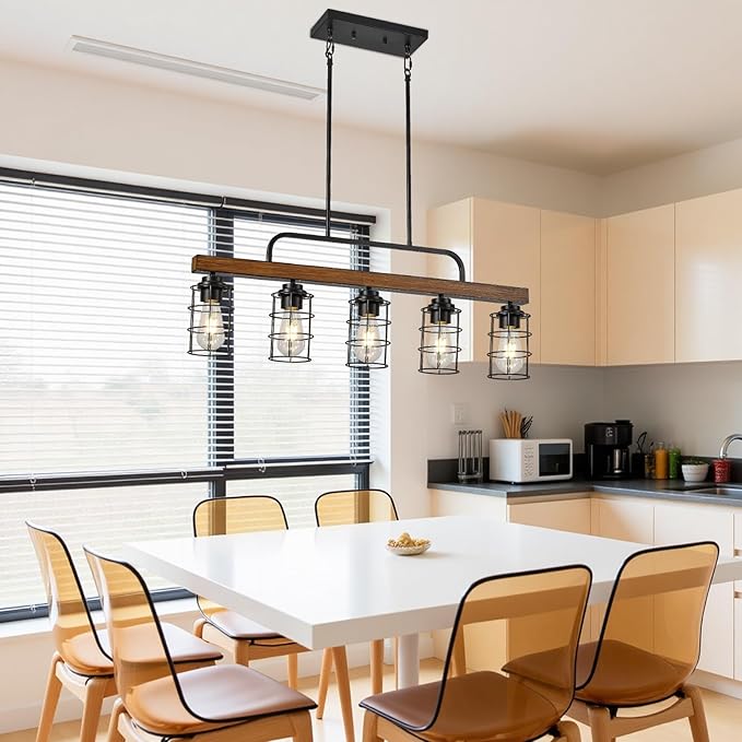 5-Light Farmhouse Walnut Chandelier for Dining Room, Black Kitchen Island Light with Rust-Proof Metal Frame & E26 Base, 49" Height Adjustable Pendant Light Fixture Over Table & Bar