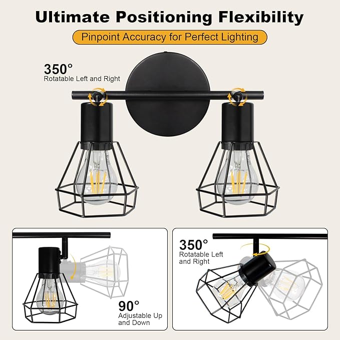 HiBay 2-Light Track Lighting Black, Rotatable Directional Ceiling Light Fixtures, Farmhouse Geometric Metal Cage Industrial Spotlight for Kitchen, Bedroom, Hallway, E26 Base (Bulbs Not Included)