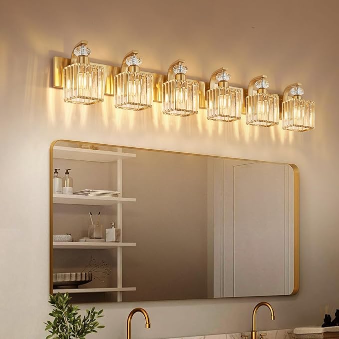 Modern Bathroom Vanity Light, 6-Light Gold Bathroom Lighting Fixtures Over Mirror, 44.1" Crystal Wall Light Sconce for Bathroom/Bedroom/Vanity, Includes LED Bulbs, Easy Installation