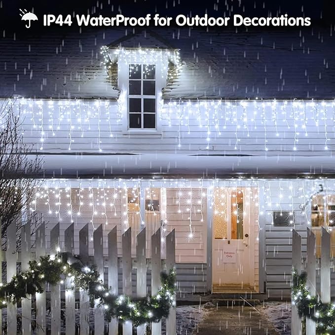 KiflyTooin Solar Christmas Lights Outdoor Waterproof Christmas Decorations Curtain Lights 320LED 29.5ft 60 Drops, Solar Powered Rechargeable Fairy Lights for Party, Wedding, Home Decorations(White)