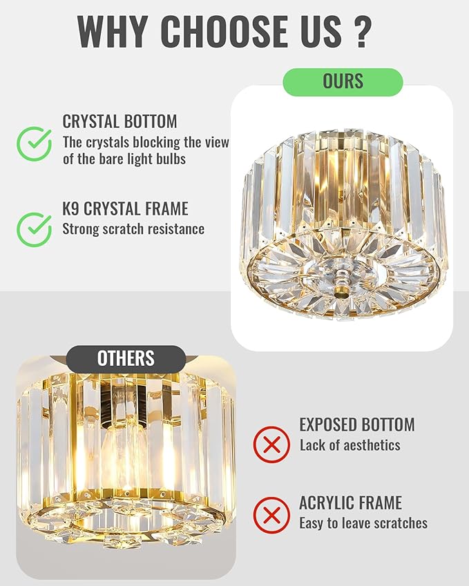 8.89" Small Crystal Ceiling Light, Modern Semi Flush Mount Ceiling Lighting Fixture, Gold Crystal Mini Chandelier for Hallway, Kitchen Entryway Laundry Room, 2-Light, XDD007-1-G