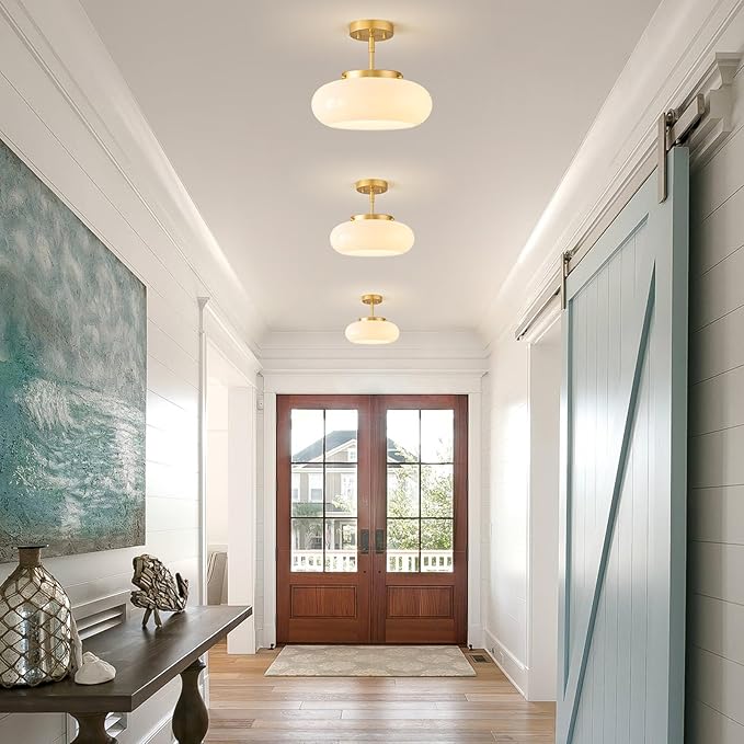 Mid-Century Modern Gold Semi Flush Mount Ceiling Light, 3-Light Kitchen Light Fixtures with Glass Shade for Entryway Hallway Bathroom Bedroom (12.6 Inch)