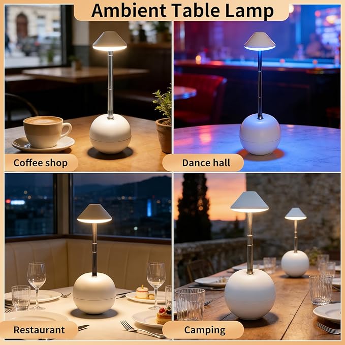 Rechargeable LED Table Light, Tumbler Cordless Table Lamp with 3 Colors & 7 RGB Stepless Dimmable Touch Control Lamps for Patio Restaurant Dining Home Bars (White)