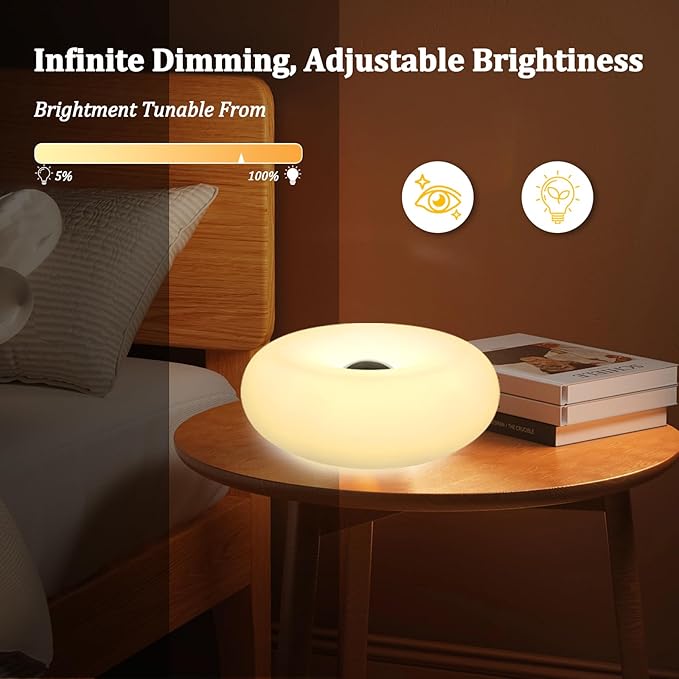 Modern Design Donut Table Lamp, LED Bedside Desk Lamp with Durable Shade, Rotomolded Small 3-Color Dimmable Nightstand Lamps (Not Glass) (White)