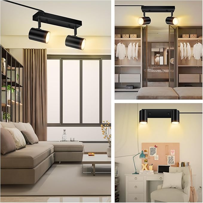 AUQUEE 2 Light Track Lighting Kit,Black 2 Way Modern Plug in Ceiling Spotlight,Industrial LED Wall Light for Kitchen Cabinet Gallery Bar Hallway Living Room,Rocker Switch,15 Foot Cord(No Bulb)