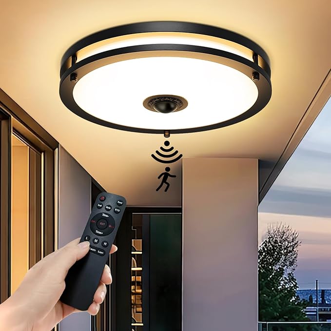 Motion Sensor Outdoor Ceiling Light with Remote, 24W Dimmable 2700K/3000K/3500K/4000K/5000K Flush Mount Porch Light, 12" Dusk to Dawn Exterior Lighting Fixtures for Patio, Porch, Entryway