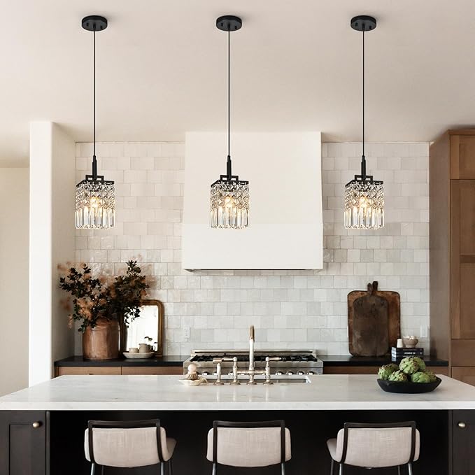 Modern Crystal Pendant Light Kitchen Island Farmhouse Lamp Adjustable Height Hanging Lighting Square Black Chandelier Suitable for Kitchen Island Dining Room and Bedroom(3Pack)
