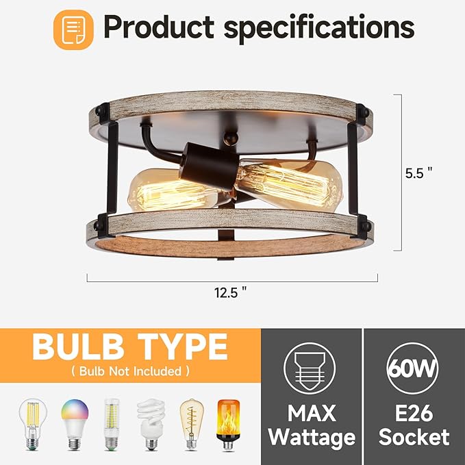 2 Pack Farmhouse Flush Mount Ceiling Light Fixture, 12.5 Inch 2-Light Rustic Ceiling Mount Light Fixtures, Round Drum Oak Wood Finish Flush Mount Lights for Kitchen Bedroom Hallway Dining Room
