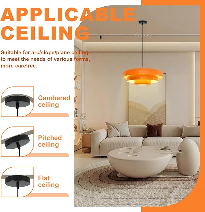 Mid Century Modern Orange Pendant Light, 17.7" Large 3-Layer Metal Shade Flush Mount Chandelier for Kitchen Island, Dining Room, Bar, Vintage Farmhouse Ceiling Light Fixture