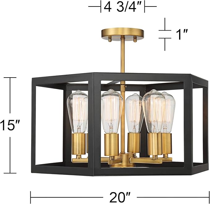 Possini Euro Design Beni Industrial Rustic Farmhouse Ceiling Light Semi Flush-Mount Fixture 20" Wide Antique Bronze Gold 6-Light Open Pentagon Frame for Bedroom Kitchen Living Room Hallway Dining