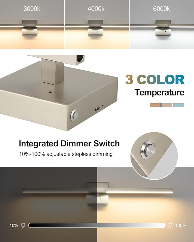 Rayogale 32 Inch Rechargeable Battery Operated Wall Sconce Set of Two, Cordless 3000K/4500K/6000K Dimmable Timer, Remote Touch Control USB-C Charging 360° Rotation for Living Room Sand Nickel