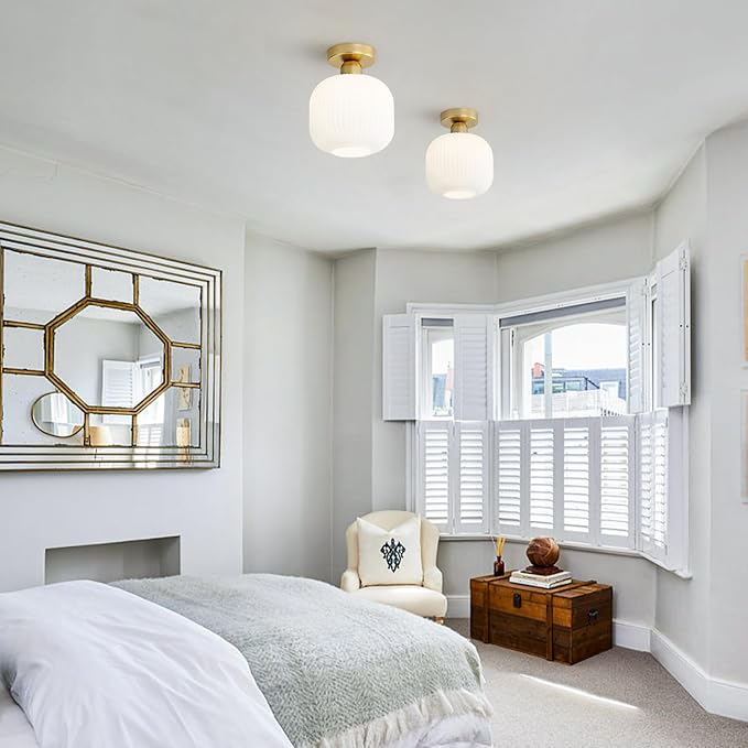 KCO Lighting Mid Century Modern Antique Brass Flush Mount Ceiling Light Brushed Gold Milk Glass Semi Flush Mount Ceiling Light Farmhouse Hallway Globe Ceiling Light Fixture