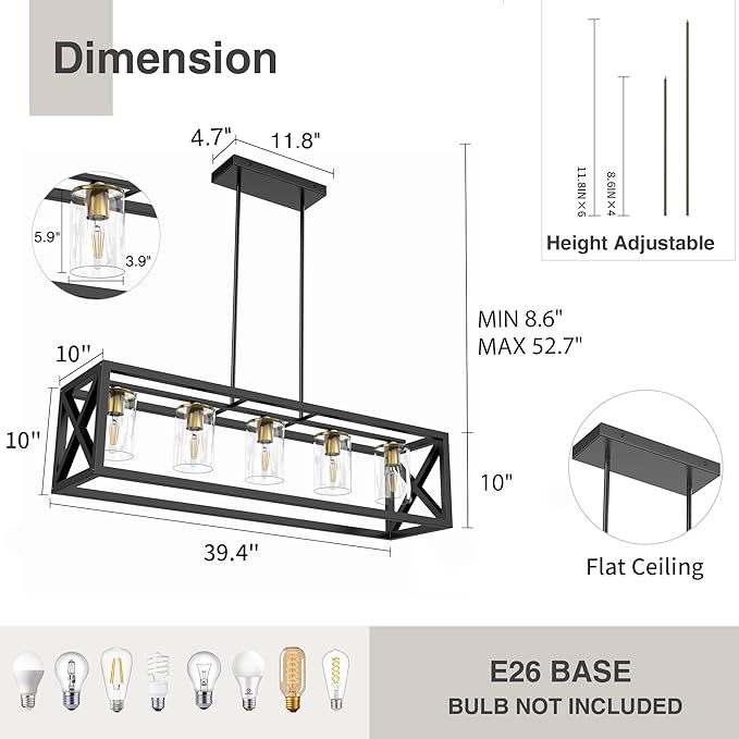 Espird Black Gold Dining Room Light Fixture - 5 Light Chandeliers for Dining Room with Clear Glass Shade & Adjustable Height & Thickened Metal Rectangle Dining Table Light Fixture