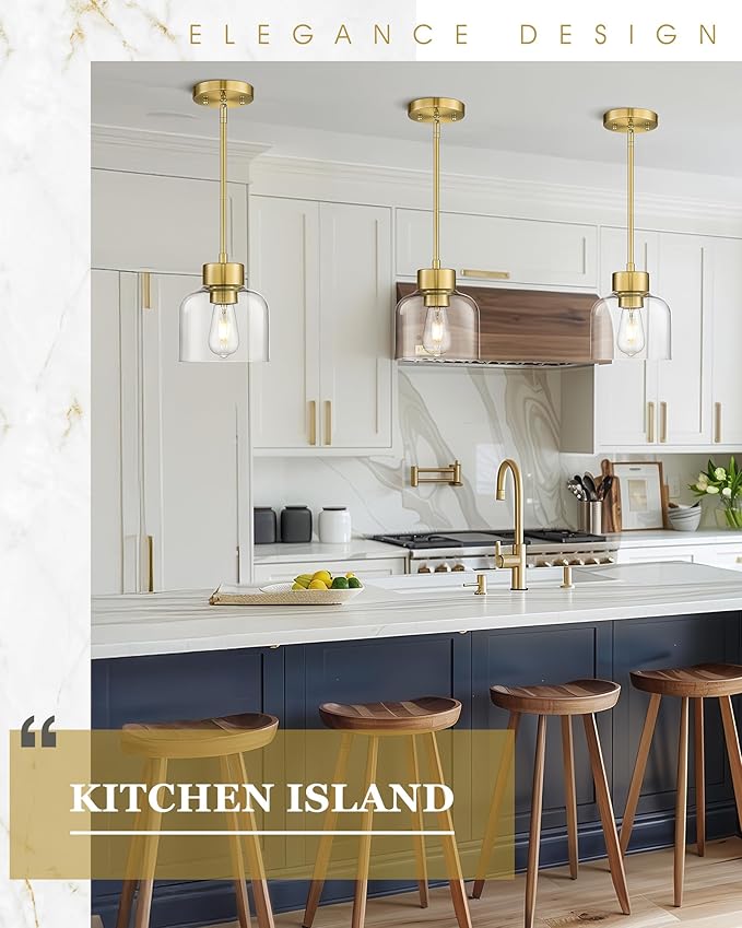 Gold Pendant Lights Kitchen Island, 7" Hanging Lights Fixtures with Clear Glass Shade, Modern Brass Kitchen Pendant Lighting Over Island for Dining Room, AD-24024-1P-GD