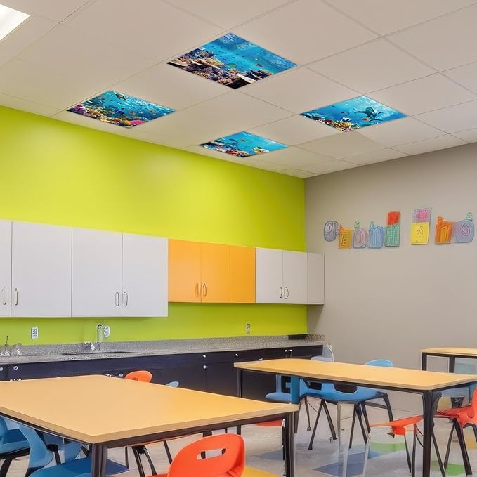 4 Pcs Fluorescent Light Covers with 32 Magnets Decorative for Classroom Ceiling Light 2 x 2 Feet Magnetic Light Covers Filter Easy Install for Office Hospitals & Home Drop Ceiling Supplies （Ocean）