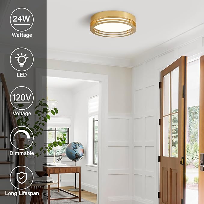 Gold Flush Mount Ceiling Light, Modern Dimmable LED Light Fixture, Minimalist Metal Ceiling Lamp for Bedroom Kitchen Laundry Room Hallway Entry 2700 K - 6000 K 5CCT 11.8 Inch