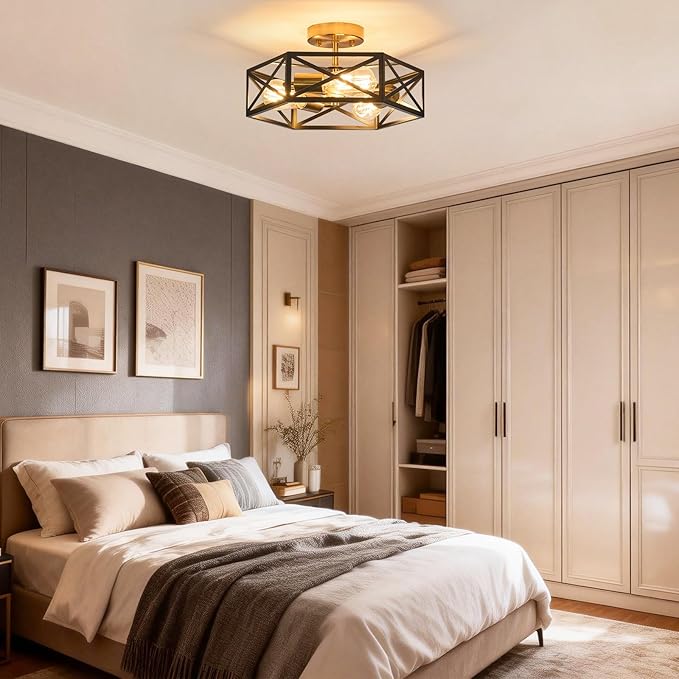 Modern Farmhouse Semi Flush Mount Ceiling Light,Industrial Black and Gold Ceiling Lighting Fixture,Hexagonal Close to Ceiling Lights for Kitchen, Hallway,Bedroom,Foyer,Laundry Room,14.6 Inch