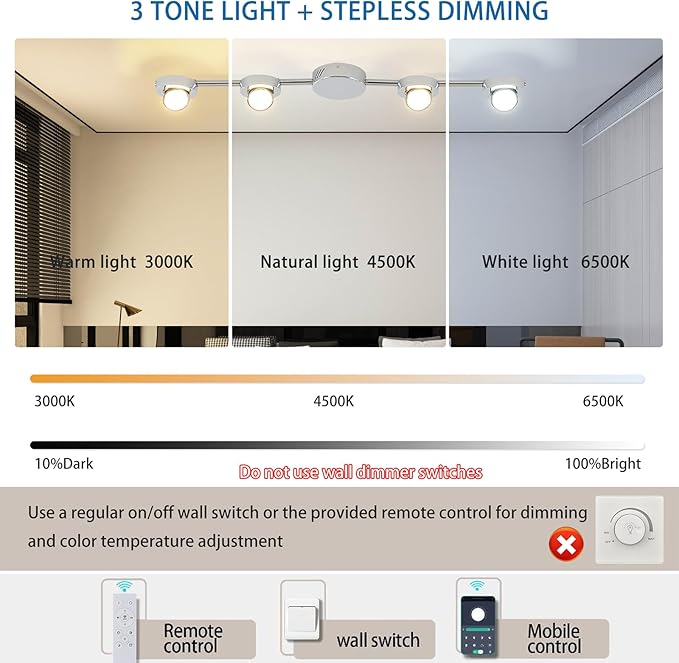 Qcyuui Track Lighting 4-Light LED Track Lighting Fixtures Ceiling Dimmable Kitchen Ceiling Light with Remote Brushed Nickel Rotatable Heads Ceiling Spotlight Wall Light for Bedroom Living Room