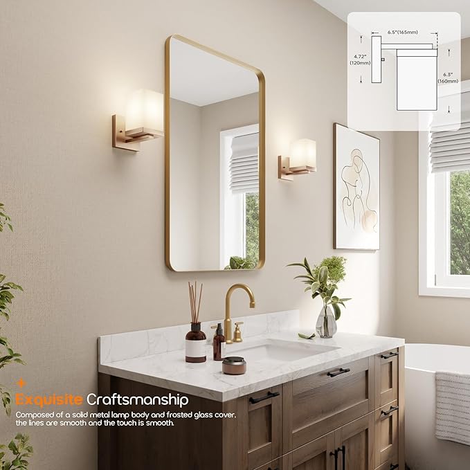 Wall Sconce Over Mirror Champagne Bronze Bathroom Vanity Lighting Fixtures with White Frosted Glass, Wall Lamps for Porch Entrance, 2 Pack T003CPG-L1-P2