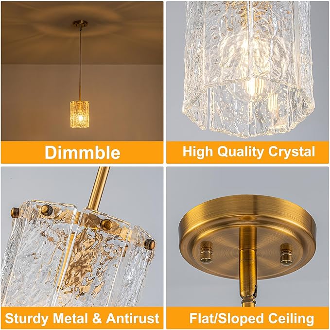 3 Pack Brushed Gold Pendant Light for Kitchen Island, Hand-Made Water Ripple Glass Chandelier, Luxury Modern Brass Adjustable Hanging Ceiling Light Fixture for Dining Room, E26 Base, 6" x 8"