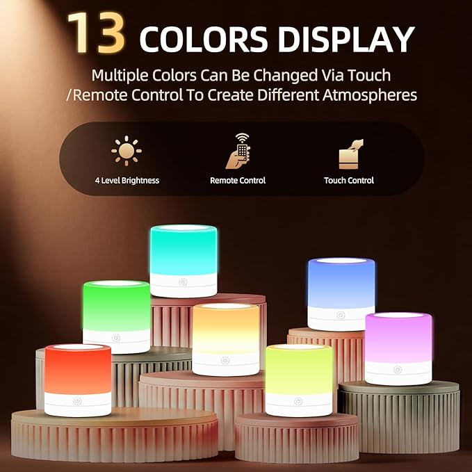 Portable Night Light for Kids, USB Rechargeable Small Desk Lamp,13 RGB Colors & 4 Brightness & 1 Remote, Touch Bedside Table Lamp for Nursery Bedroom Living Room Home (White)
