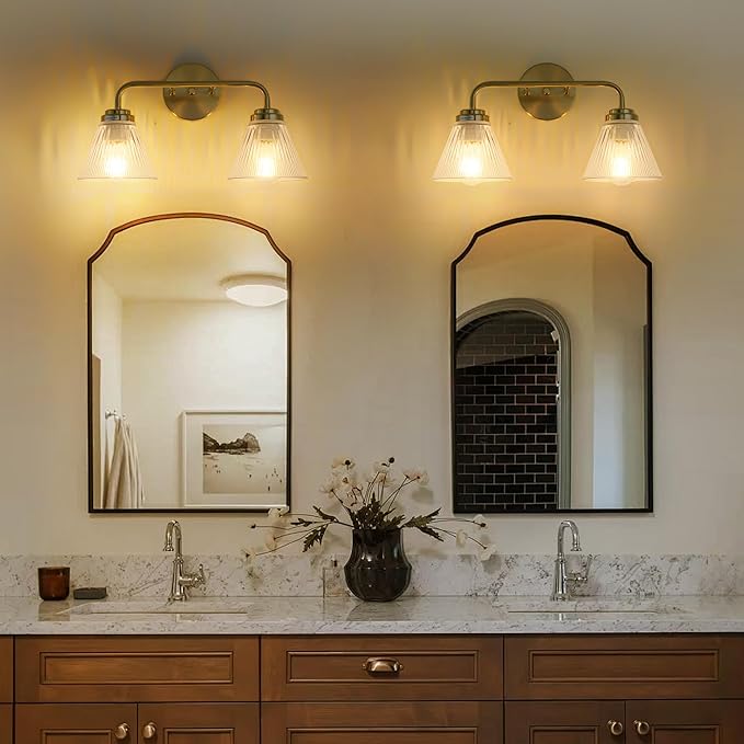 Modern Bronze Bathroom Vanity Light, 2-Light Wall Sconce with Clear Ribbed Glass Shades, Farmhouse Industrial Light Fixture for Bathroom, Vanity Mirror, Powder Room, Hallway (bronze, Eletroplate, 2)