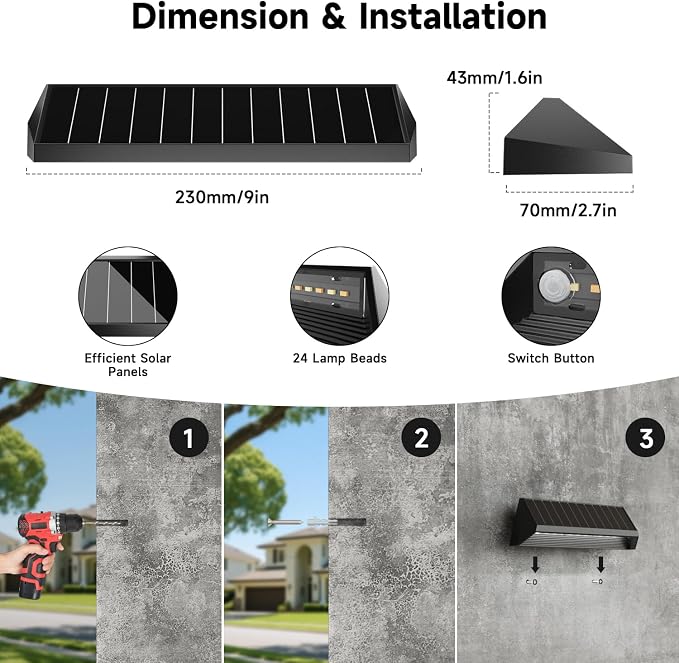 4 Packs Solar Fence Lights Outdoor with 3 Lighting Modes, 100Lumens Waterproof Solar Powered Fence Lights, 1500mAh Battery Fence Solar Light Powered for Patio, Railing, Wall