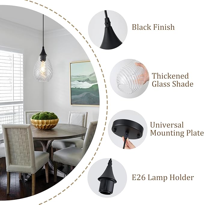 Glass Pendant Lights Kitchen Island 2 Pack, Modern Black Pendant Light Fixtures with Hand-Blown Clear Glass, Island Hanging Light for Kitchen Sink Bedroom Dining Room Hallway, E26