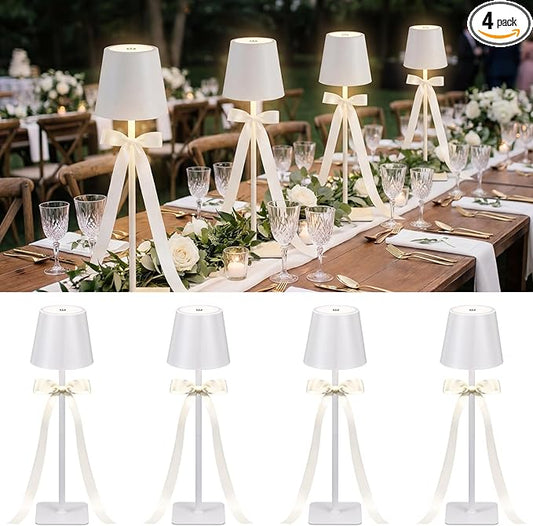4 Pack Wedding Cordless Table Lamp for Outdoor Party Table Night Light LED Rechargeable Reading Lights 3 Color Portable Touch Control Party Decor with Bows for Wedding Patio