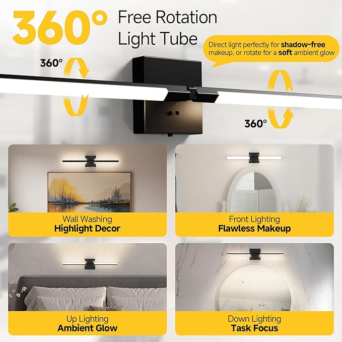 Vanity Lights 24 inch, 4-Level Brightness Built-in Dimmer, 14W Dimmable 5CCT Bathroom Light Fixtures Over Mirror, Black Vanity Lights for Bathroom Mirror Cabinets Bedroom-FCC & ETL Certified